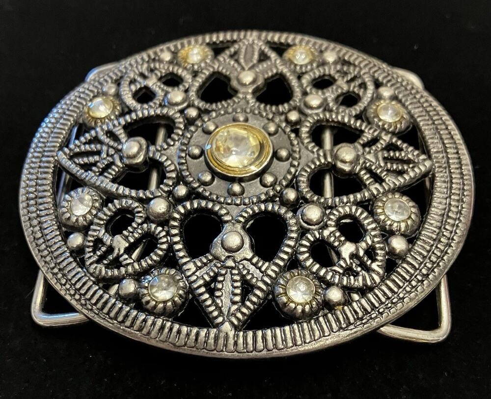 Crystal Rhinestone Cowboy Ornate Heart Southwest Rodeo Belt Buckle Silver Tone